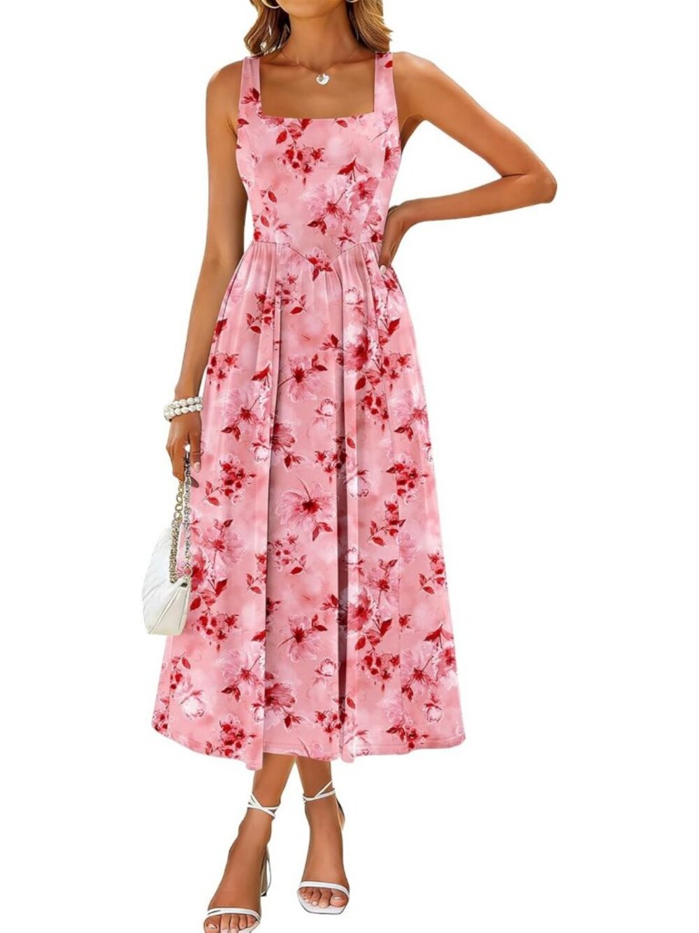 Chic Midi Dress for Women - Spring Square Neck Tank Sleeveless A-Line Sundress